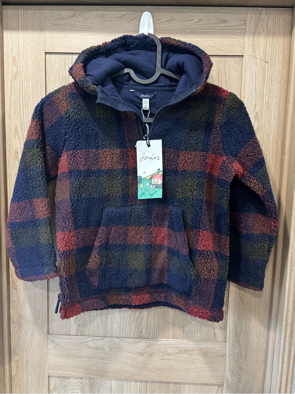 Joules Red Check Teddy Coat Sweater Size 6 Years NEW